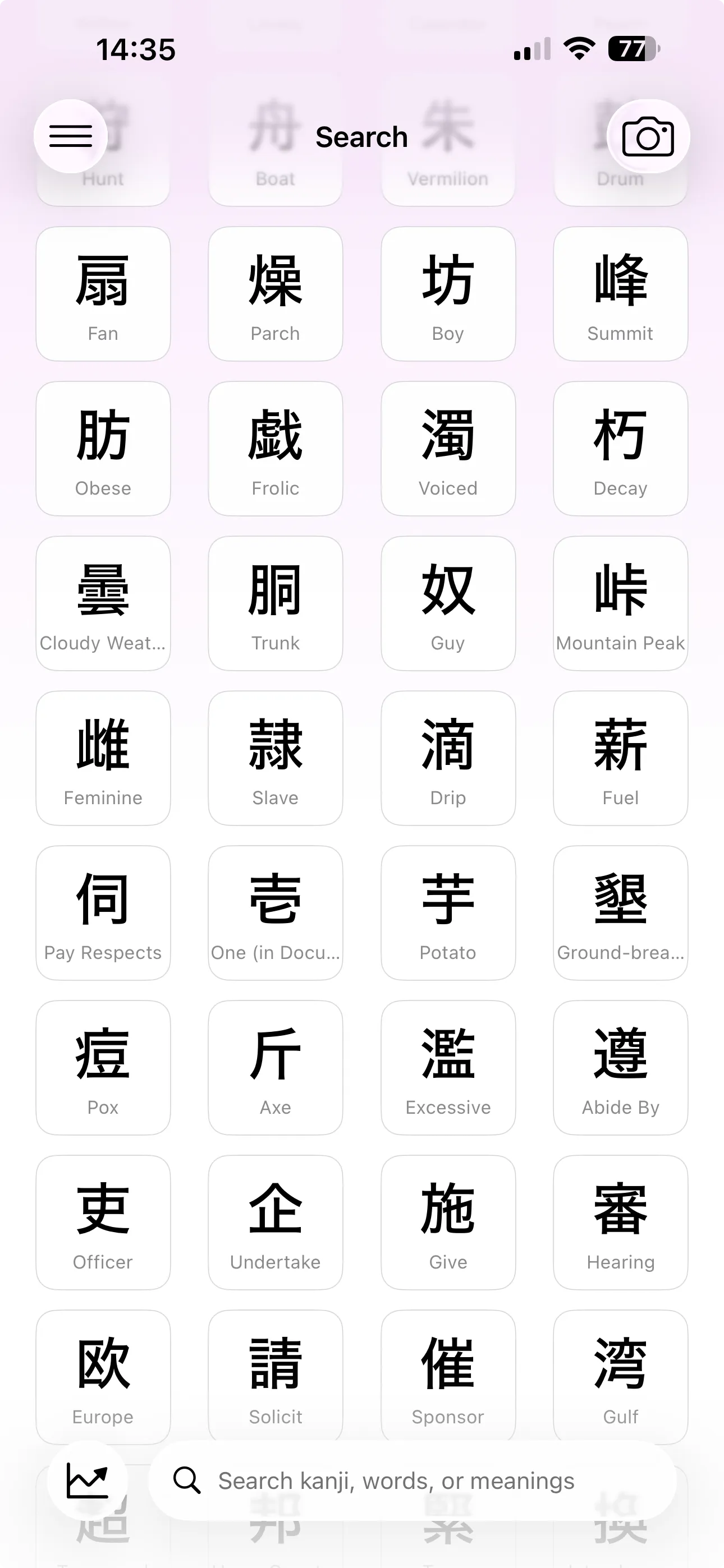 Hane kanji search grid with characters and meanings